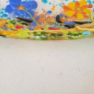 Small Oval 12" Glass Plate Fused With Colorful Decorative Poured Flowers.